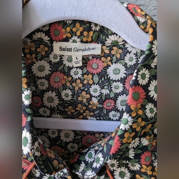 Saint Geraldine Floral Ruffle Button Up Short Sleeve Shirt Top Women's Large - Picture 4 of 5